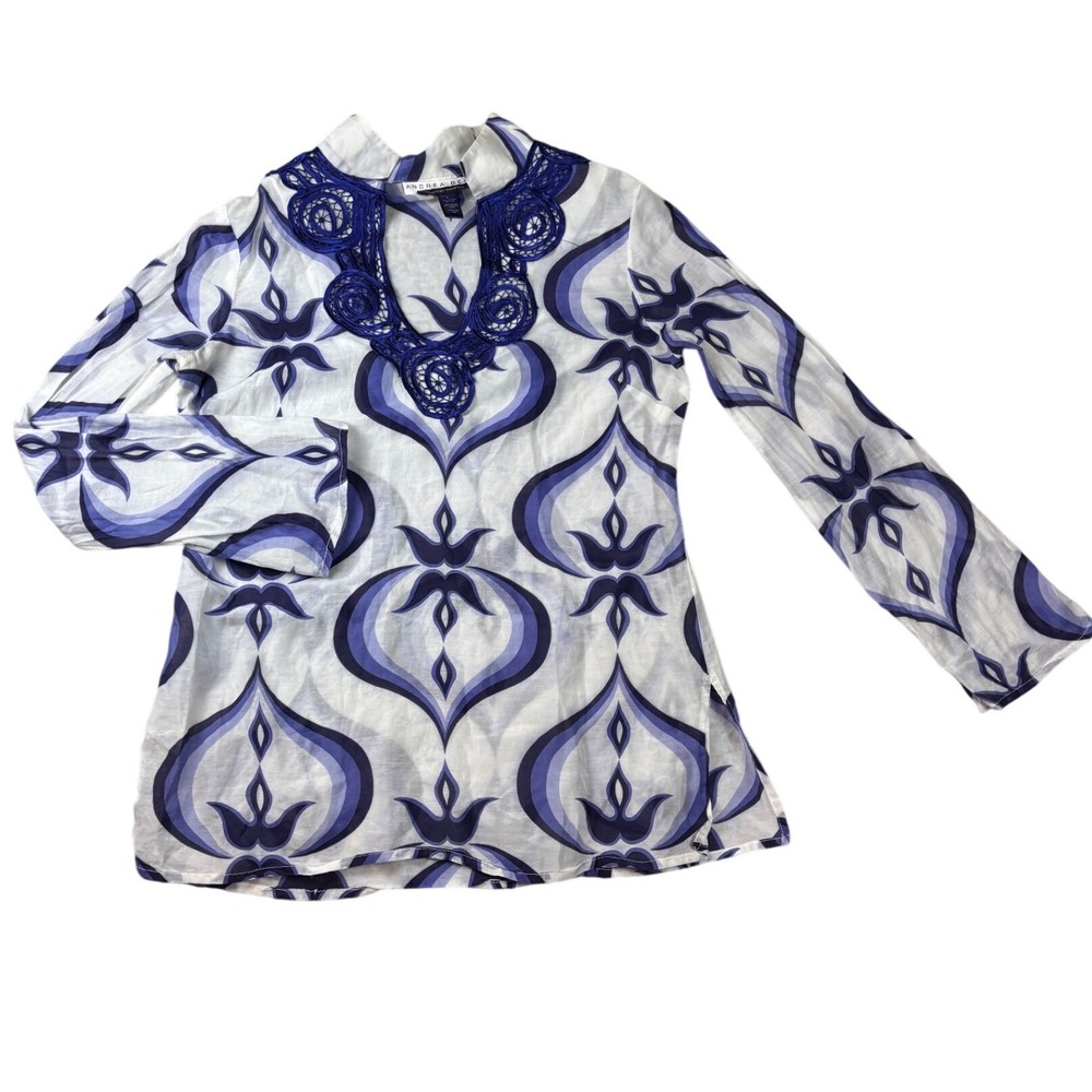 Andrea Behar Boston Proper Tunic 6 Top Blue Purple Silk Blend Crochet Lace